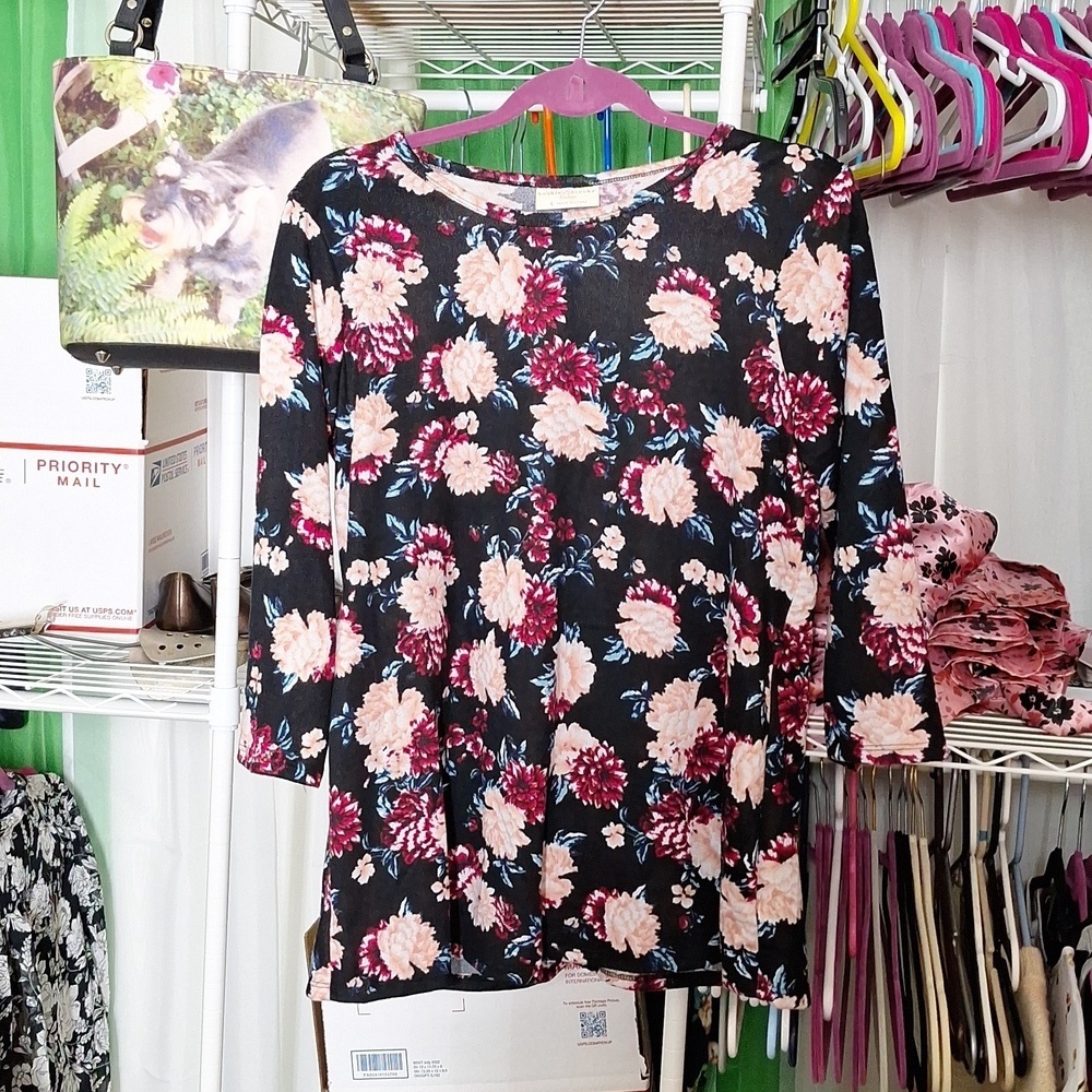 BOBBIE BROOKS BLACK FLORAL PRINT BLOUSE SIZE LARGE